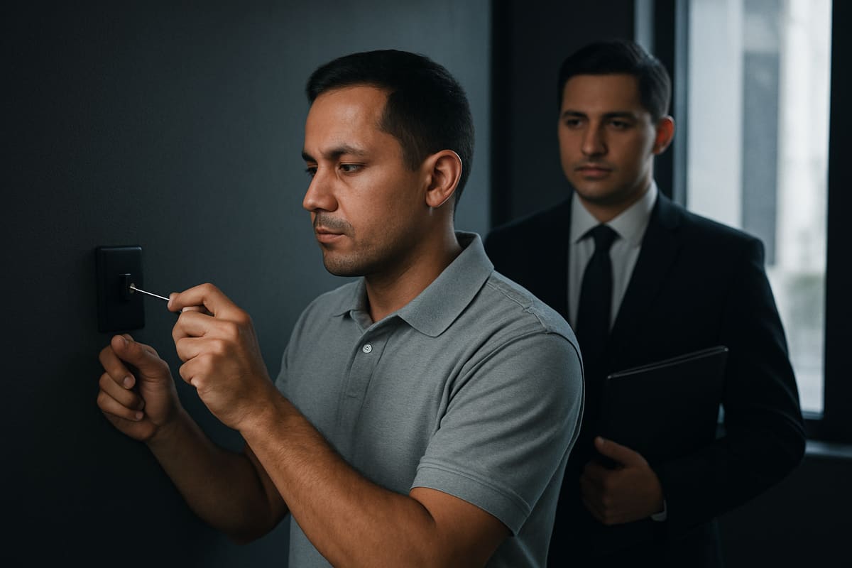 Técnico revisando un pulsador de pánico instalado en la pared de una portería