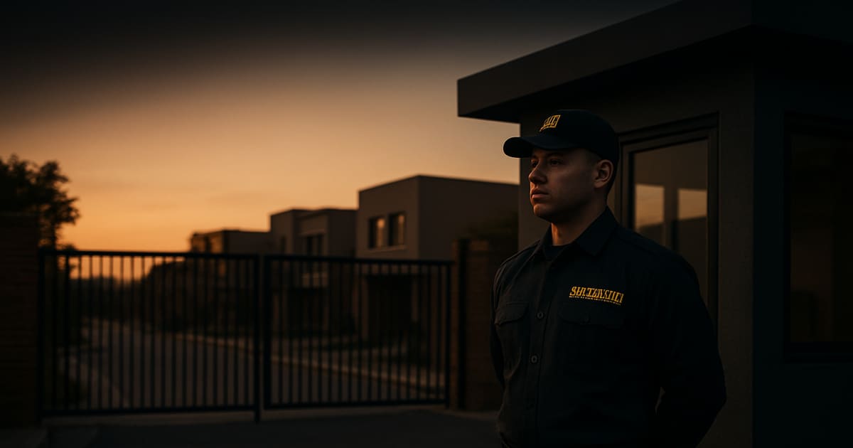 Guardia de seguridad en el acceso de un conjunto residencial al atardecer