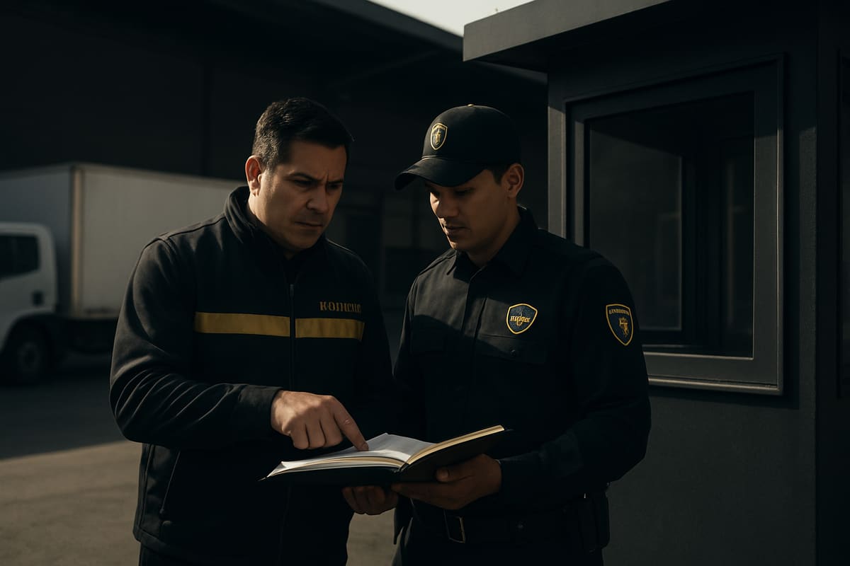Supervisor y guardia revisan la bitácora del turno en el acceso de una bodega