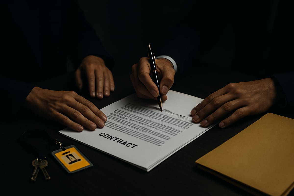 Firma de un contrato de seguridad privada junto a llaves y credenciales sobre una mesa