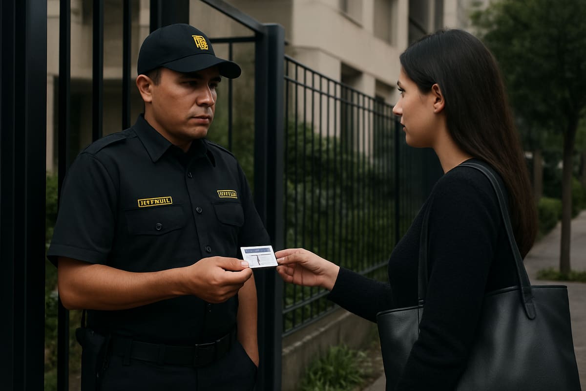 Guardia verificando la identificación de una visitante en el ingreso peatonal de un edificio