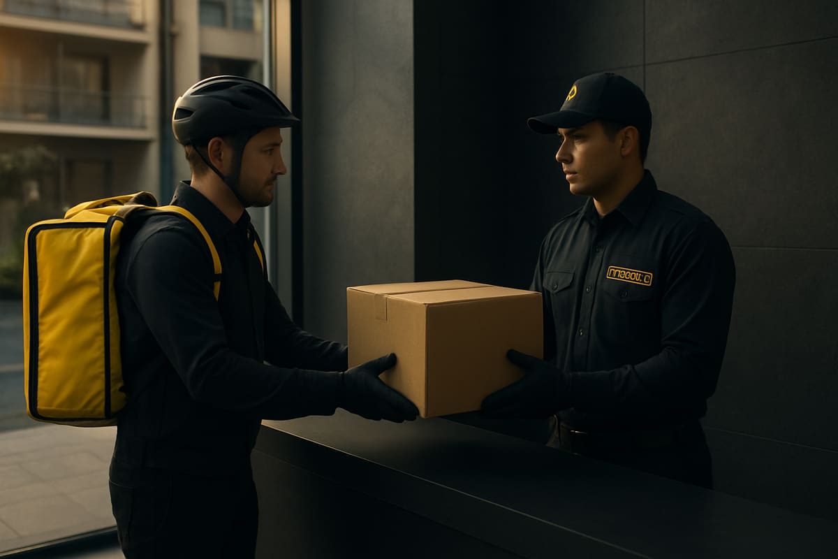 Guardia recibiendo un paquete de un repartidor en la zona de recepción de un conjunto residencial