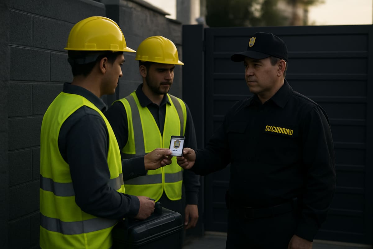 Contratistas mostrando su credencial al guardia en el acceso de servicio de una urbanización