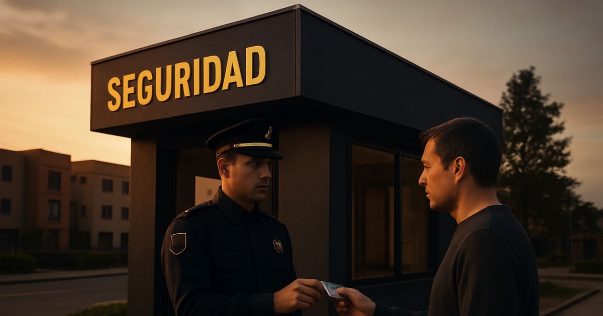 Guardia de seguridad privada verificando una credencial en el acceso de un conjunto residencial al atardecer