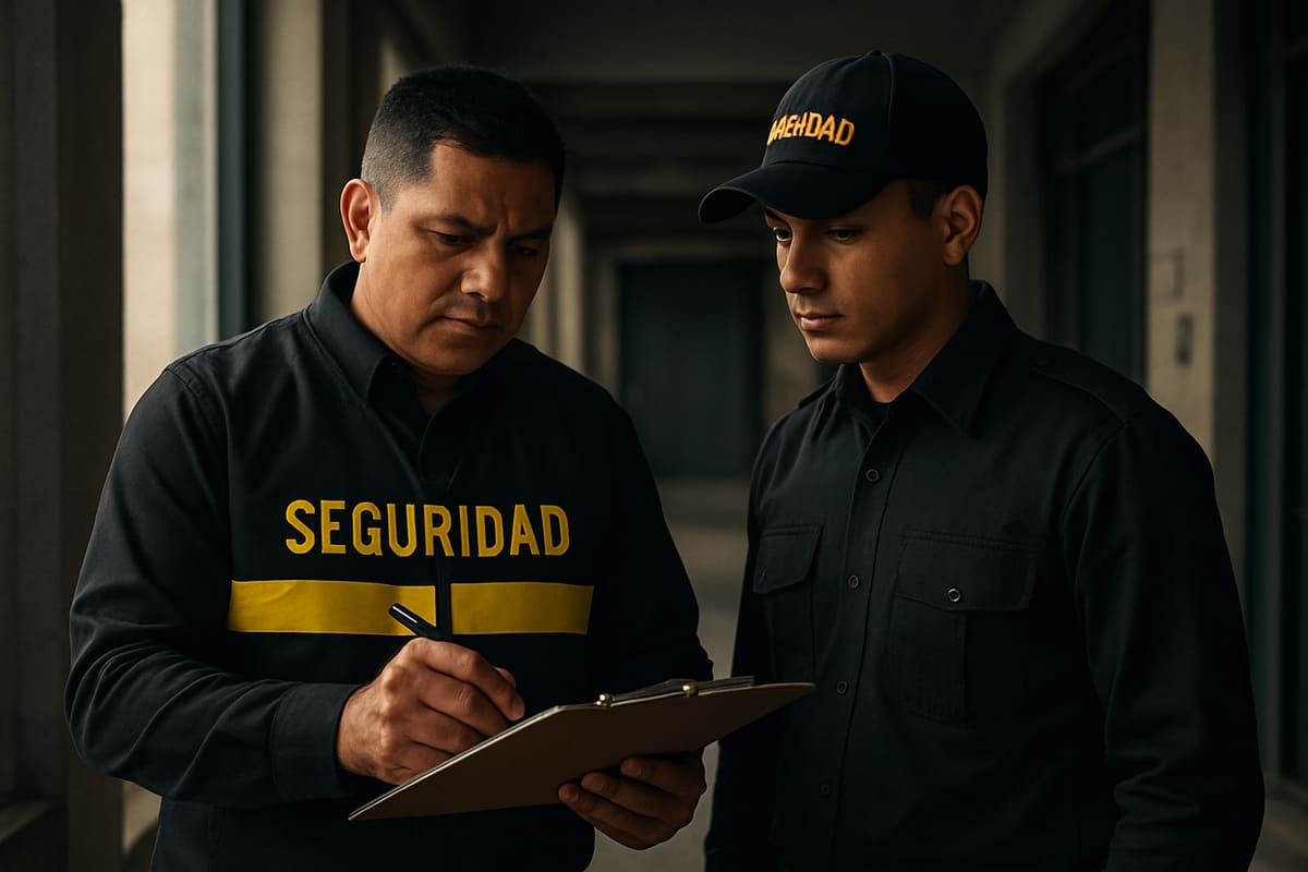 Supervisor revisando procedimientos con un guardia en una planta industrial