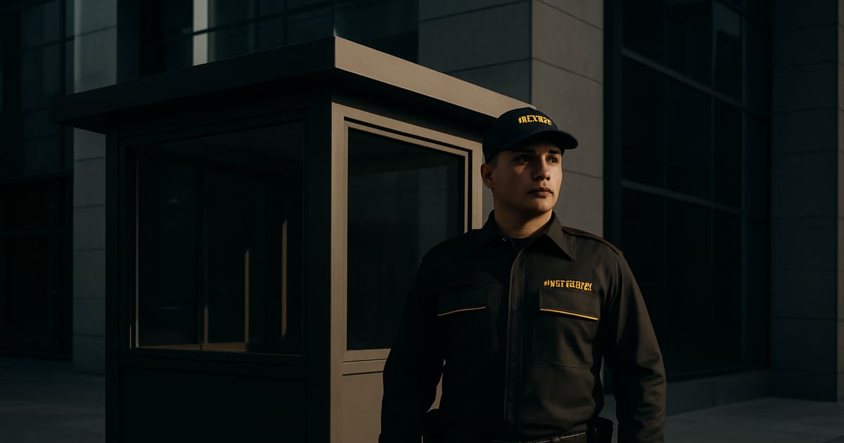 Guardia de seguridad uniformado en el control de acceso de un edificio corporativo