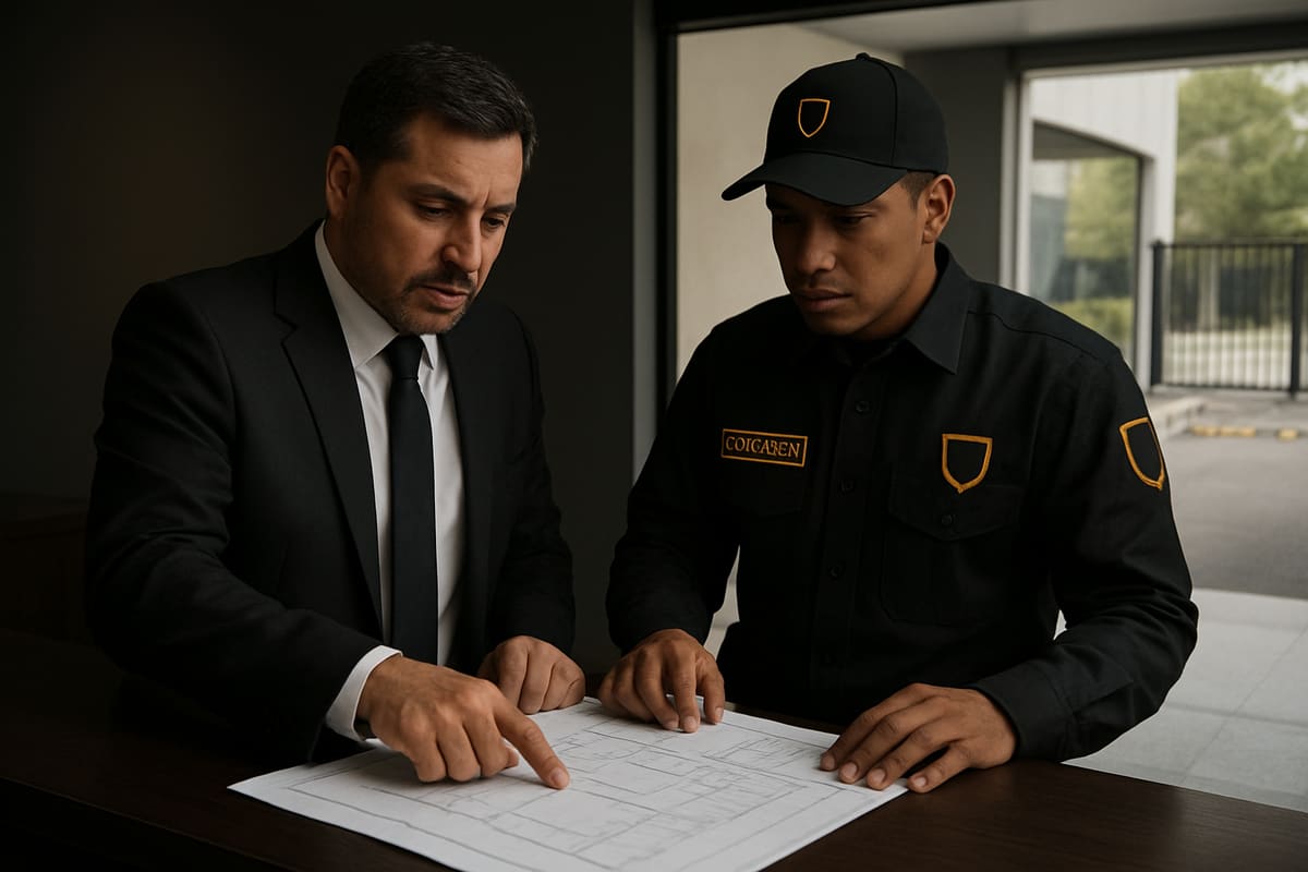 Administrador y guardia revisan puntos de seguridad en un conjunto residencial.