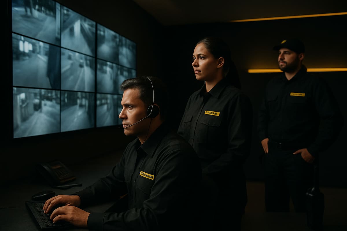 Operadores en central de monitoreo supervisan cámaras de seguridad.