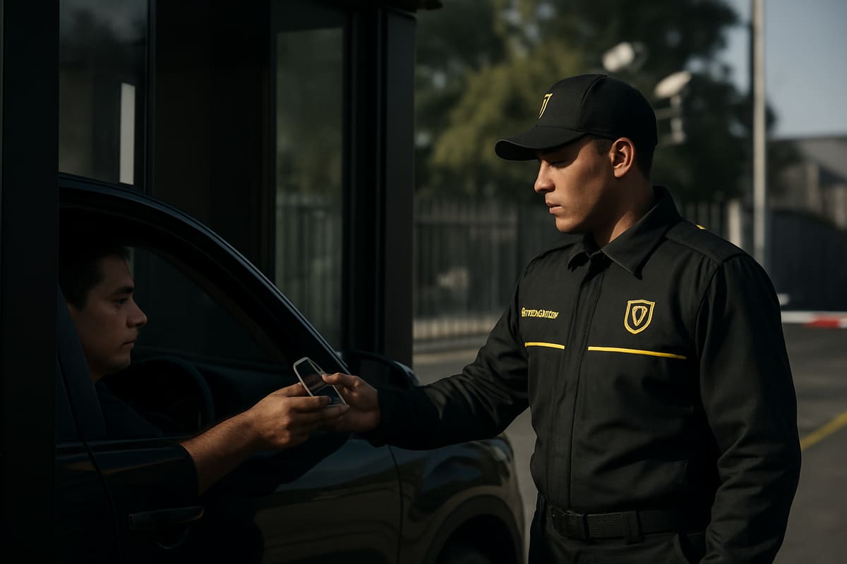 Guardia controla el ingreso vehicular en una garita empresarial.