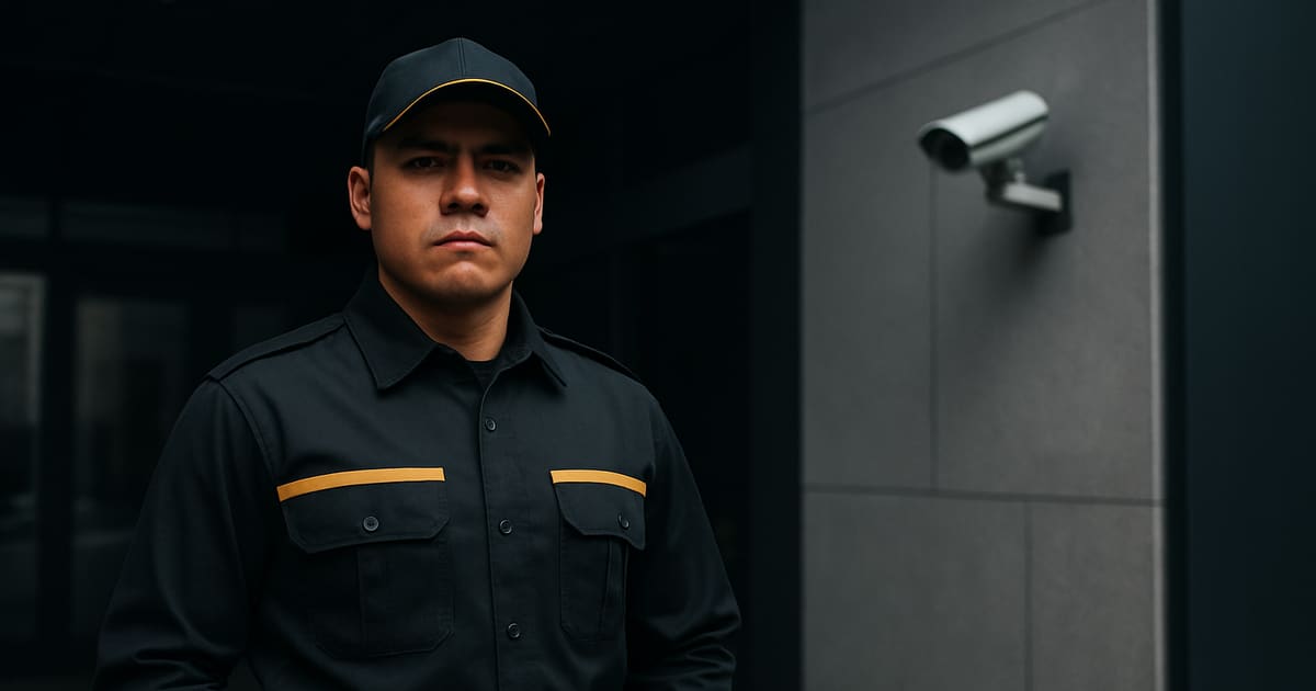 Guardia de seguridad en acceso corporativo con cámara de vigilancia al fondo.