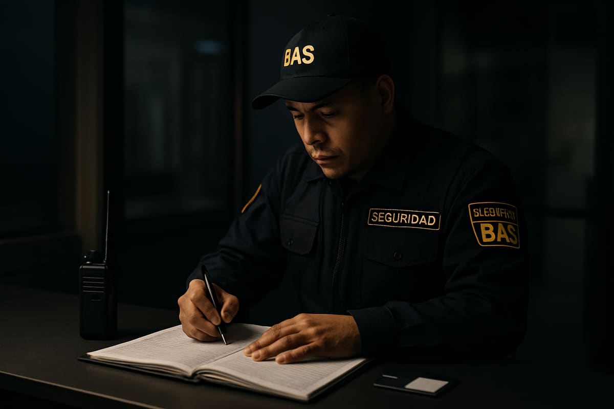 Guardia documentando un incidente en la bitácora de seguridad.
