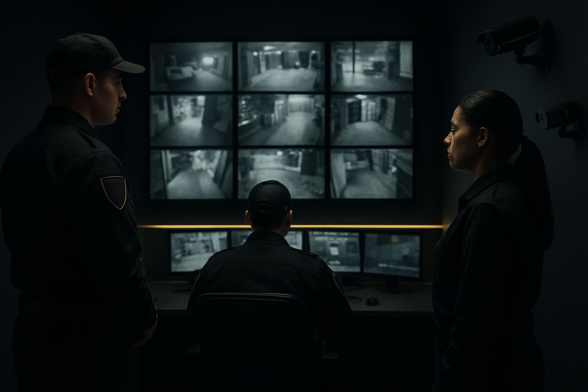 Personal de seguridad coordinando videovigilancia y monitoreo operativo.