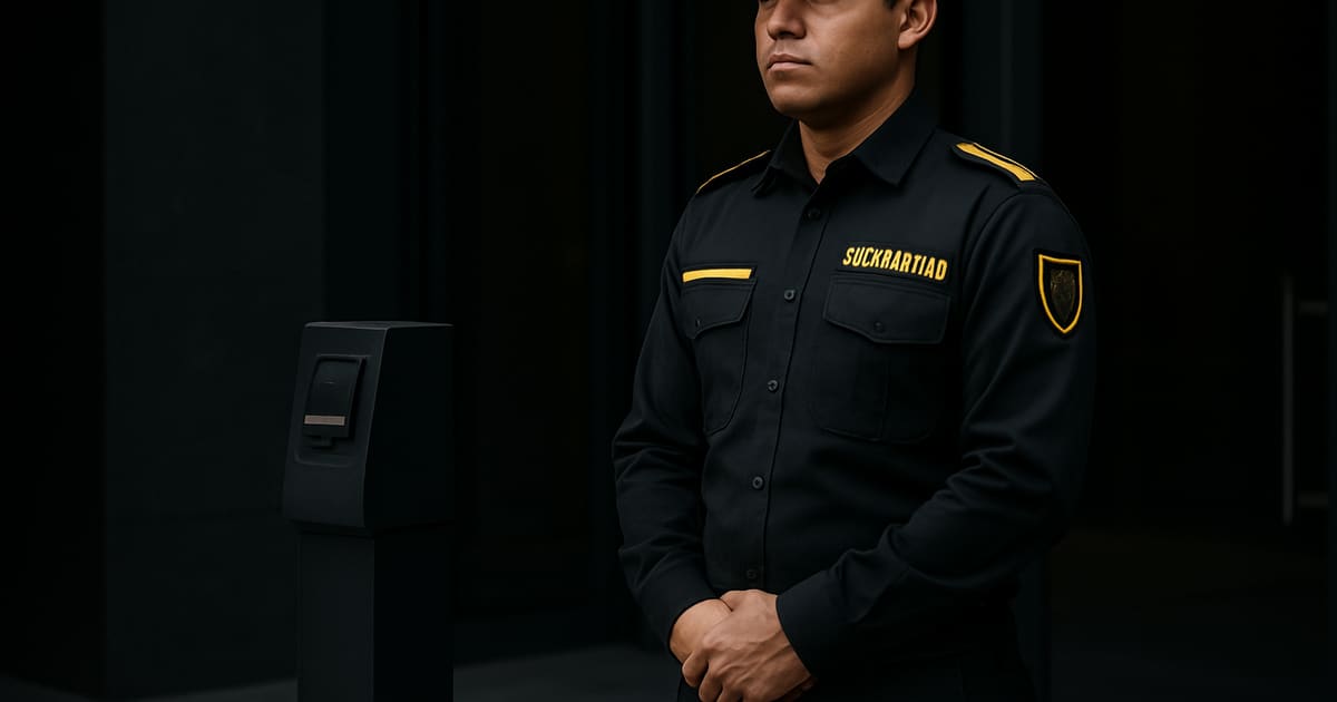 Guardia de seguridad en acceso corporativo aplicando un protocolo de vigilancia.